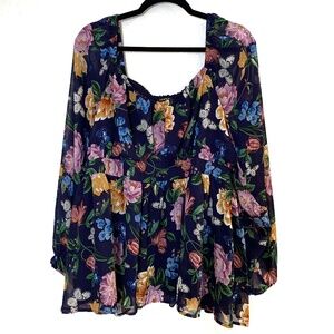 Torrid Peplum Blouse 3X NEW Blue Long Sleeve Floral Butterfly Print Chiffon Boho
